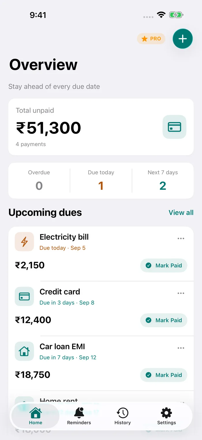 Pay Alert Home showing upcoming bills, overdue payments and a monthly overview