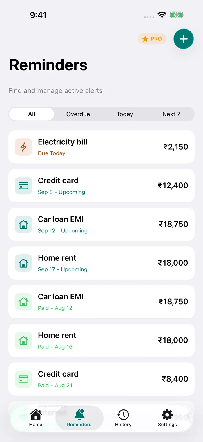 Active payment reminders with filters for today and upcoming dues