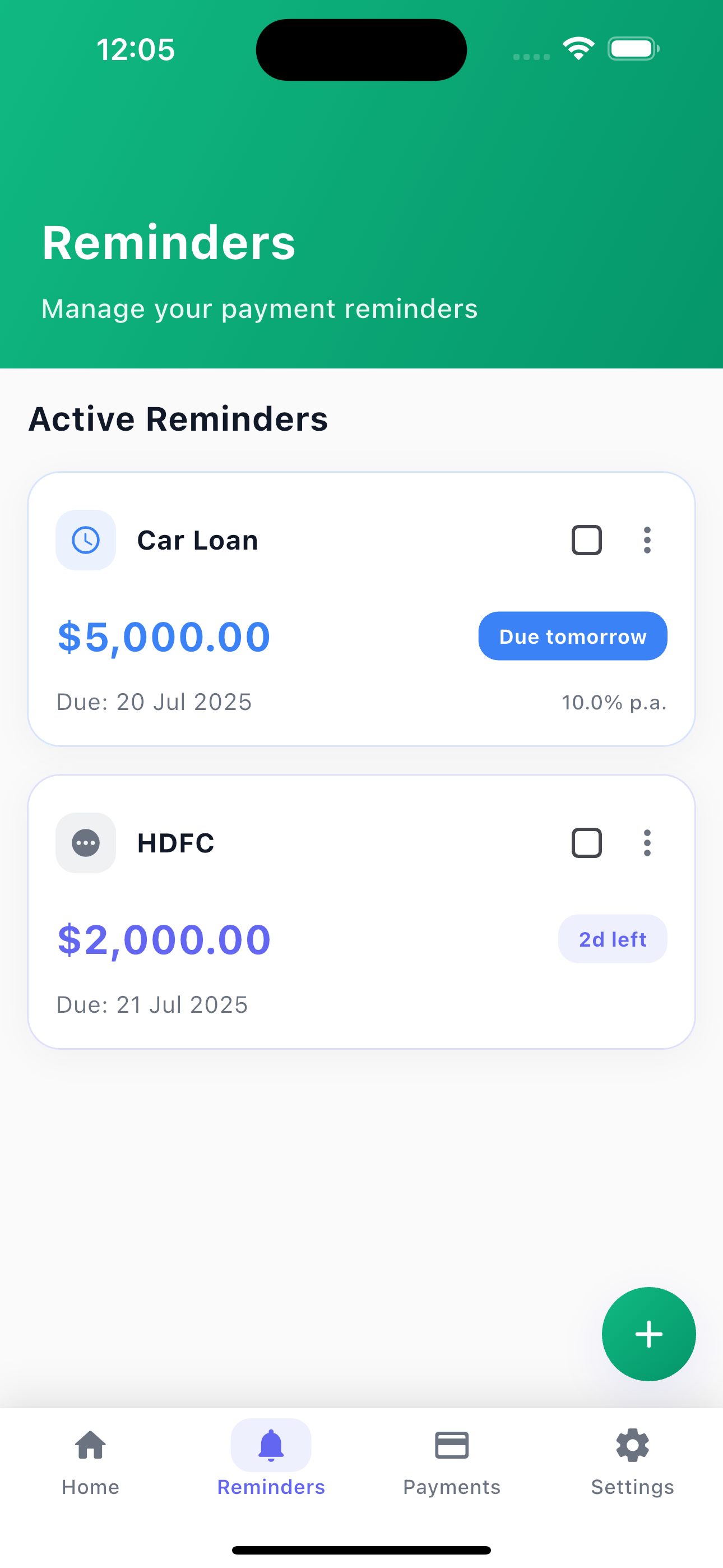 PayAlert Reminders Screen